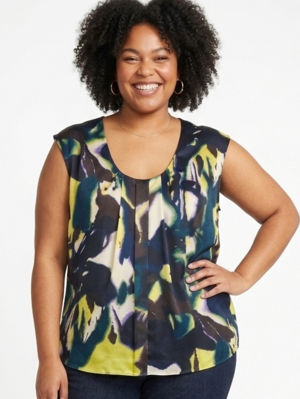 Calvin Klein Abstract Floral Shell Top - Yellow, Navy & Black